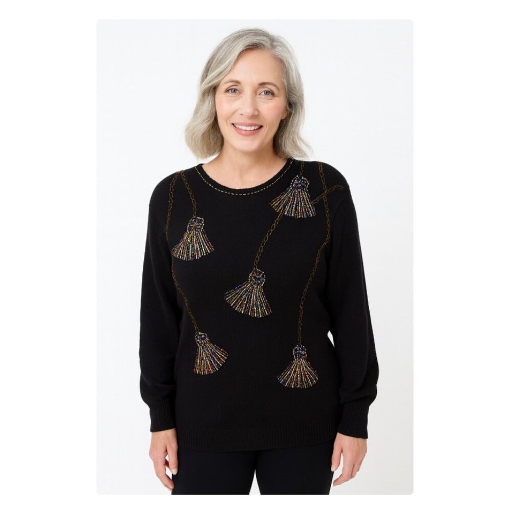 Victoria Harbour Sweater Womens Large Black Beaded Tassel Crewneck Ramie Cotton